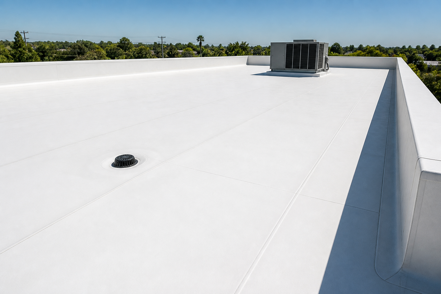 White TPO membrane flat roof with clean welded seams and a roof drain
