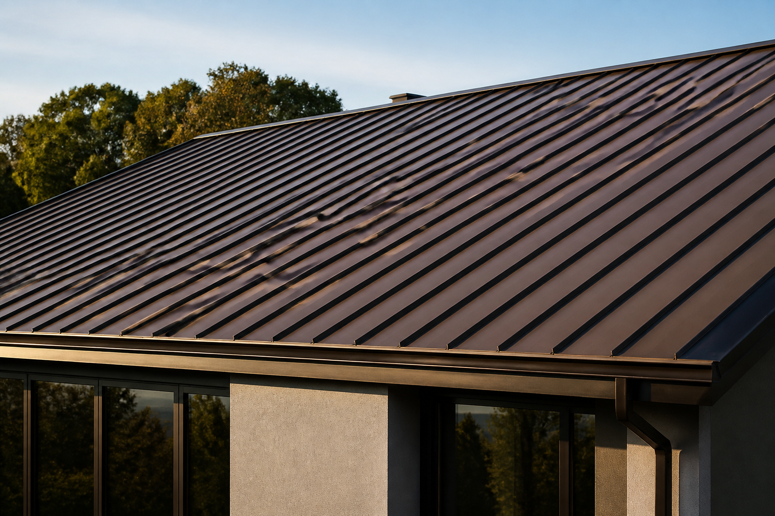 Standing-seam metal roof on a modern home catching low afternoon light